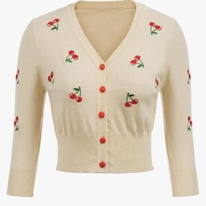 Cherry Embroidered Beige Cardigan